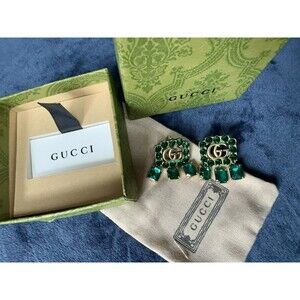 Vintage Gucci Emerald and Gold Drop Earrings with Double G Motif